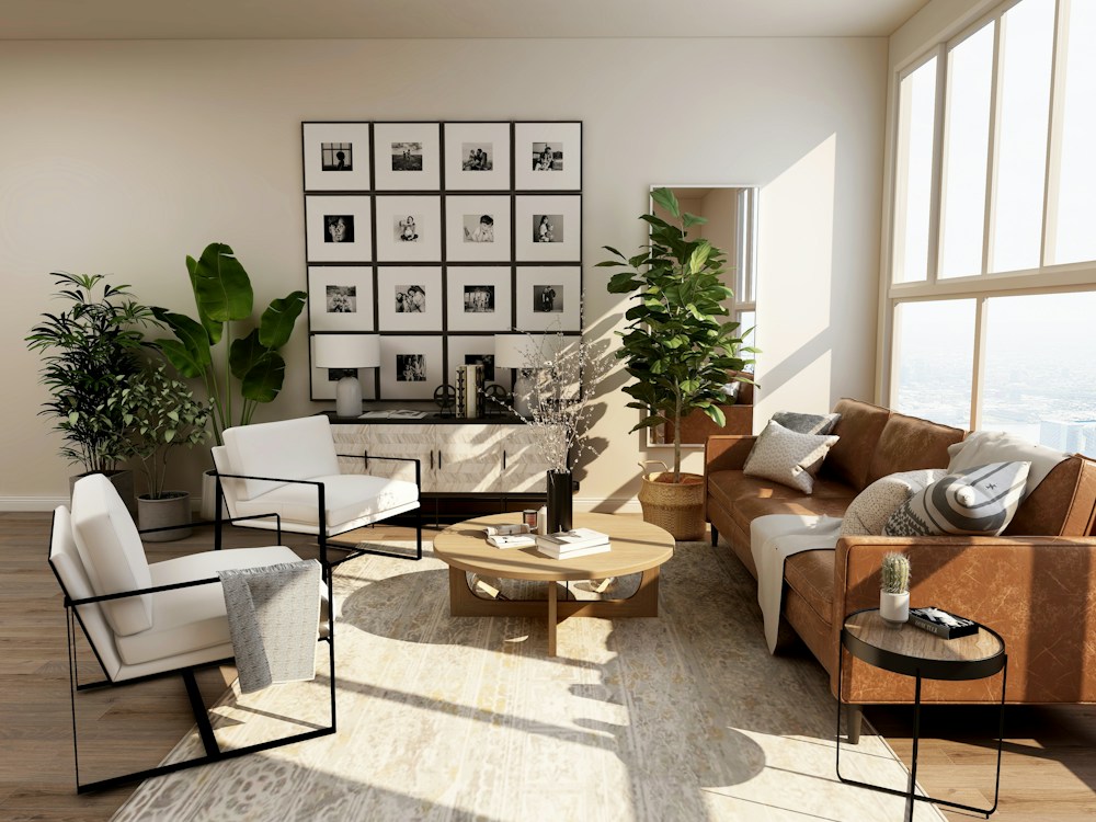 Illustrative light-filled living room with natural finishes